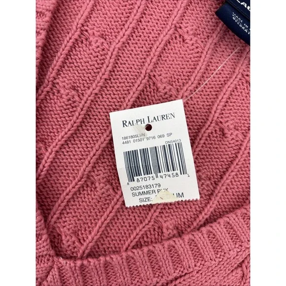 RALPH LAUREN Sport Women's Summer PINK CABLE KNIT V NECK SWEATER NWT Medium - Picture 4 of 8